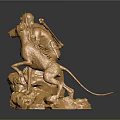 Shiny Golden Dog Sculpture with Warrior Figure on Rock Base Artwork