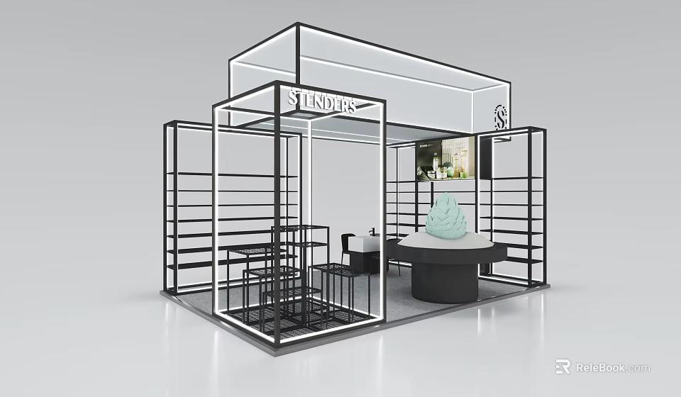 Modern SLENDER Exhibition Booth With Black Metal Frame Display Counter And Chairs 3d model 