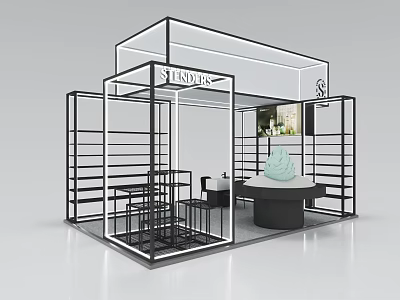 Modern SLENDER Exhibition Booth With Black Metal Frame Display Counter And Chairs 3d model