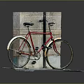 Red Bicycle Leaning Against Brick Wall And Lamp Post On Sidewalk