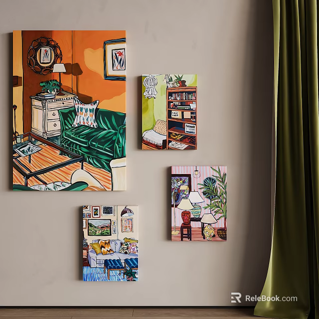 Abstract Paintings on Wall Featuring Interior Scenes Sofa Bookshelf and Plants 3d model