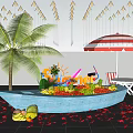 Summer Themed Fruit Boat Display With Palm Tree Umbrella And Lounge Chairs