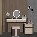 Modern Dressing Table With Round Mirror Gold Accents Makeup Vase Flowers Beige Brown Hanging Lights