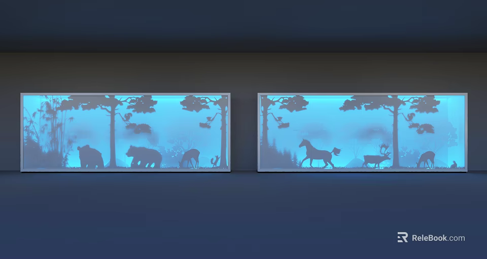 Shop Window Display With Silhouette Animals Trees Blue Background And Lighting 3d model