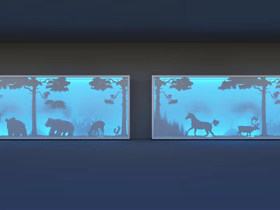 Shop Window Display With Silhouette Animals Trees Blue Background And Lighting 3d model