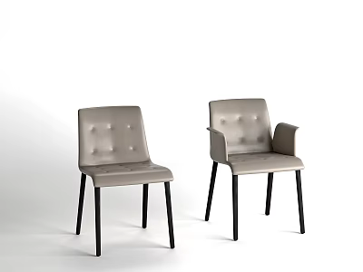 Light Gray Leather Dining Chairs Button Tufted Black Slim Legs One with Armrest One Armless 3d model