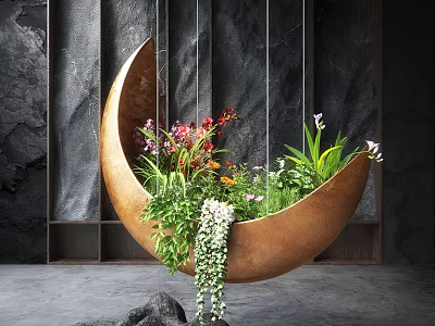 Hanging Copper Crescent Shaped Garden Decor Planter with Various Flowers Green Leaves and Trailing Plants 3d model