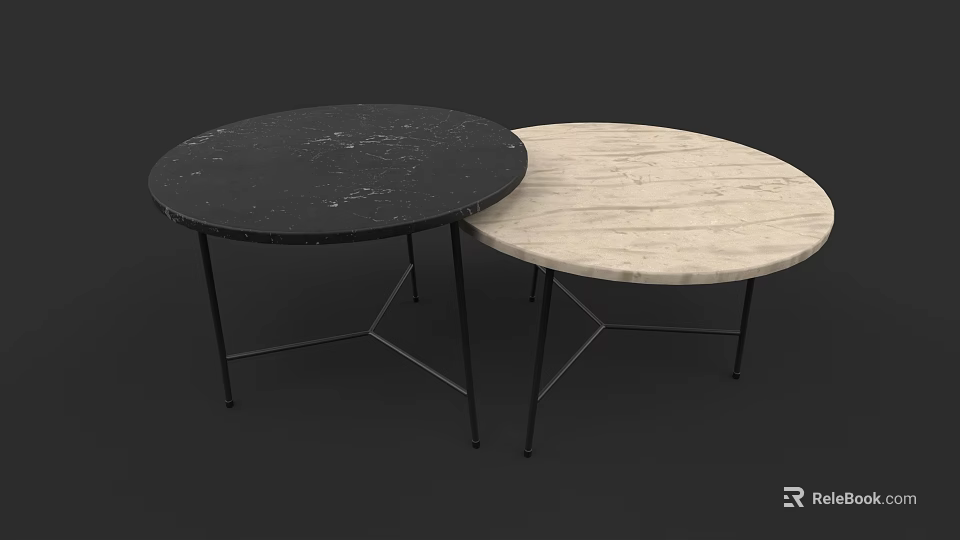 Modern Round Dining Table Set with Black and Light Marble Tabletops and Black Metal Legs 3d model 
