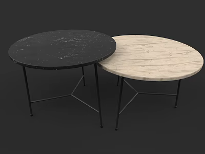 Modern Round Dining Table Set with Black and Light Marble Tabletops and Black Metal Legs 3d model