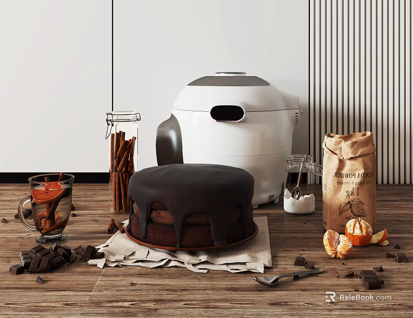 Decadent Chocolate Cake with Shavings Cinnamon Sticks Orange Peel and White Appliance on Wooden Table 3d model 