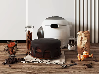 Decadent Chocolate Cake with Shavings Cinnamon Sticks Orange Peel and White Appliance on Wooden Table 3d model