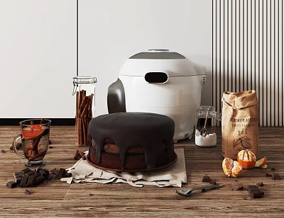 Decadent Chocolate Cake with Shavings Cinnamon Sticks Orange Peel and White Appliance on Wooden Table 3d model