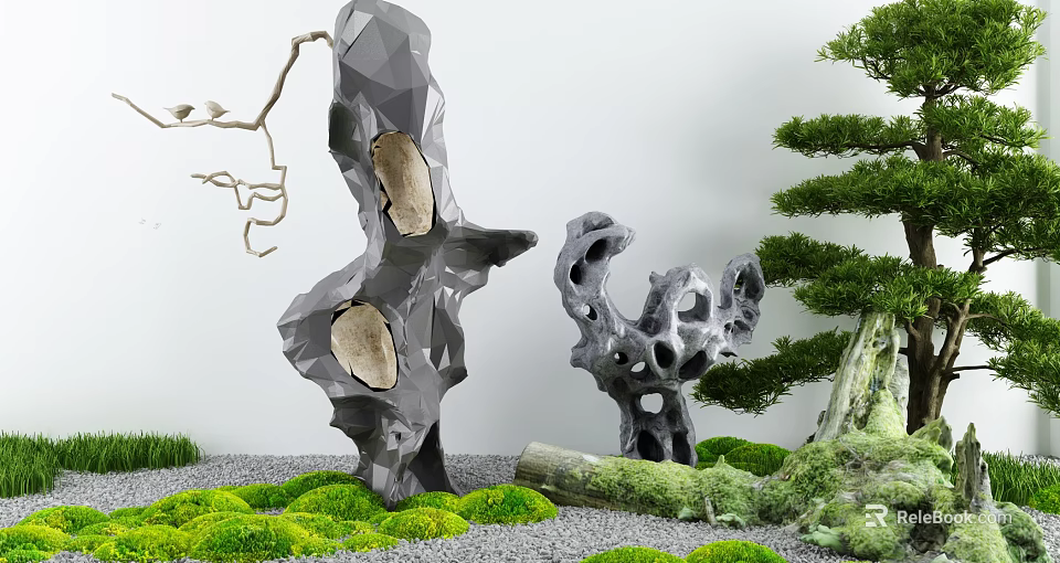 Serene Zen Garden With Gray Stone Sculptures Green Moss And Bonsai Pine Tree 3d model 