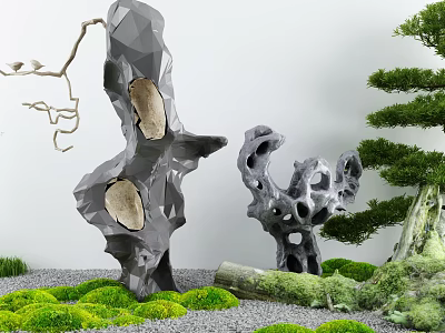 Serene Zen Garden With Gray Stone Sculptures Green Moss And Bonsai Pine Tree 3d model
