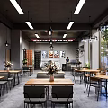 Modern Barbecue Restaurant Interior With Hanging Lights Wooden Tables And Green Plants