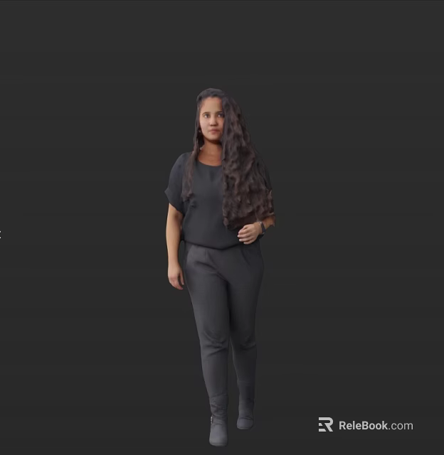 A Woman with Long Black Hair Wearing Black Top and Pants Against Black Background 3d model 