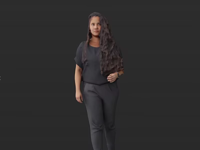 A Woman with Long Black Hair Wearing Black Top and Pants Against Black Background 3d model