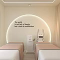 Modern Beauty Hair Salon Interior With Circular Illuminated Shelf Products Illuminated Mirror Beige Chair