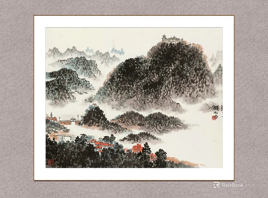 Chinese Traditional Landscape Painting With Misty Mountains Trees And Distant Buildings 3d model 