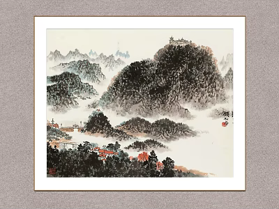 Chinese Traditional Landscape Painting With Misty Mountains Trees And Distant Buildings 3d model