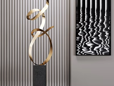 Golden Twisted Ribbon Sculpture on Pedestal with Gray Striped Wall and Black White Wave Artwork 3d model
