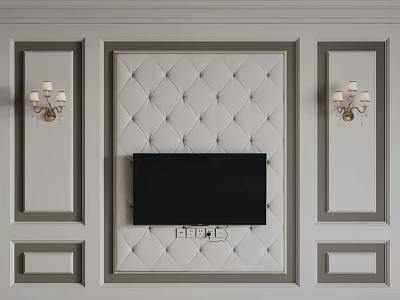 Elegant Tufted TV Background Wall With Quilted Panel And Gold Wall Sconces 3d model