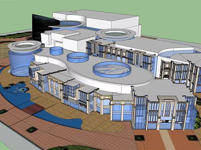 Modern Commercial Street With Circular Architectural Designs Glass Facades And Open Plaza Areas 3d model