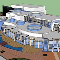 Modern Commercial Street With Circular Architectural Designs Glass Facades And Open Plaza Areas