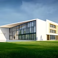Modern School Building With Large Glass Windows White Exterior And Green Lawn Under Blue Sky