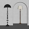 Black Spherical And Wooden Spiral Floor Lamps In Modern Interior With Gray Wall Archway