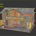 Two Story Log Cabin Model With Stone Walls Wooden Roof And Balcony Bench