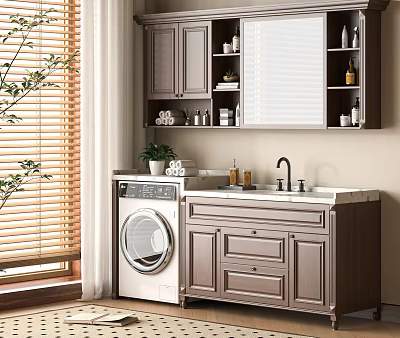 Bathroom Vanity Featuring Wooden Cabinets Wall Shelves Marble Countertop Washing Machine And Window Blinds 3d model