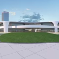 Modern Commercial Street With Open Spaces Green Lawns And Water Features