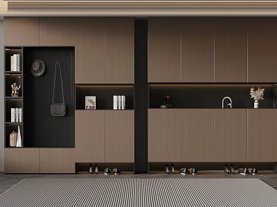 Modern Elegant Entryway With Shoe Cabinet Decorative Artwork Hooks Bag Green Plant And Shoes 3d model