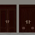 Brown Wooden Interior Doors With Solid Panel Carved Patterns Circular Decorations And Gold Handles 3d model
