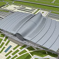 Modern Transportation Hub With Streamlined Roof Green Lawns Lake And Roads