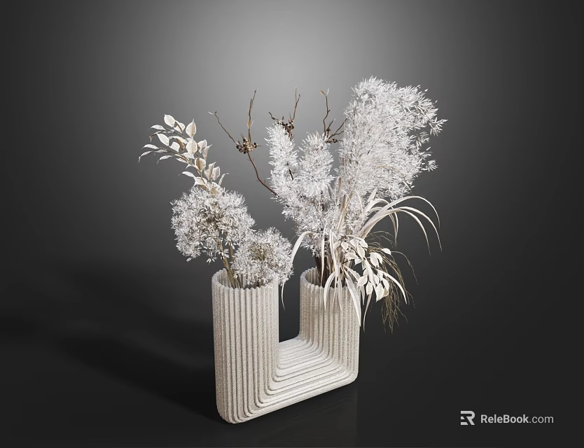 Modern U Shaped Striped Vase With White Dried Flowers And Pampas Grass Arrangement 3d model 