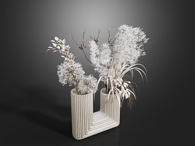 Modern U Shaped Striped Vase With White Dried Flowers And Pampas Grass Arrangement 3d model