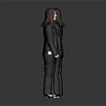 Woman Smiling in Black Blazer and Pants with Front Back View and Green Badge