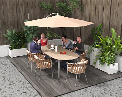 Outdoor Table With Wicker Chairs And Beige Parasol In Patio Setting With Green Plants 3d model