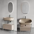 Modern Minimalist Beige Washbasin With Metal Frame Stand Oval Mirror And Storage Cabinet