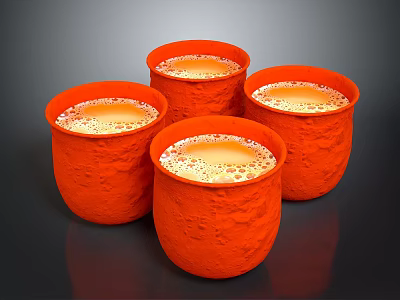 Four Orange Textured Mugs With Foamy Liquid For Daily Household Use 3d model