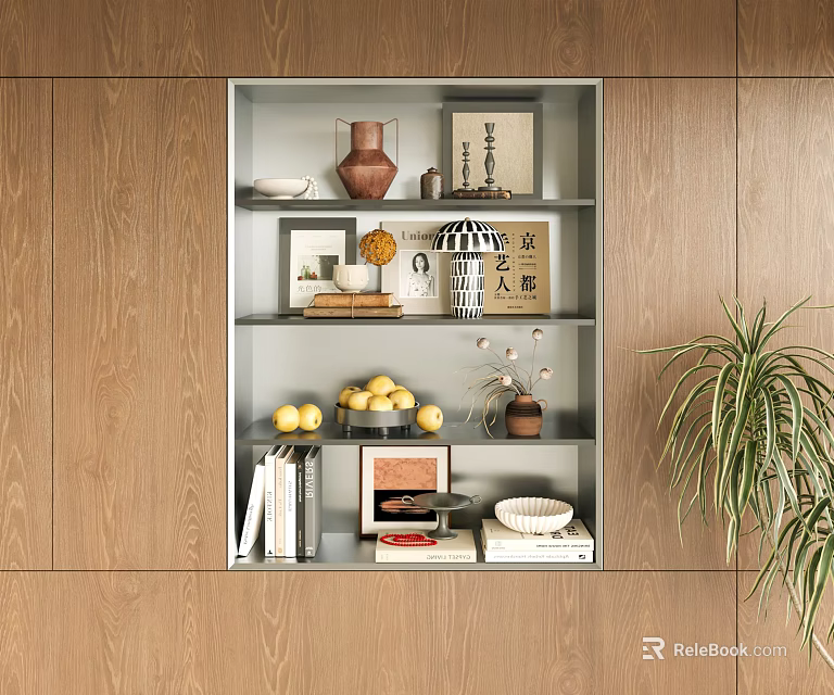 Built in Storage Cabinet in Wooden Wall with Shelves Books Lemons and Decorative Items 3d model 