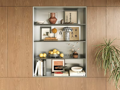 Built in Storage Cabinet in Wooden Wall with Shelves Books Lemons and Decorative Items 3d model