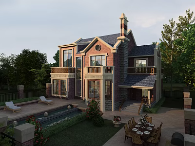 Detached Villa with Red Brick Exterior Balconies Swimming Pool and Outdoor Terrace Surrounded by Greenery 3d model