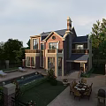 Detached Villa with Red Brick Exterior Balconies Swimming Pool and Outdoor Terrace Surrounded by Greenery