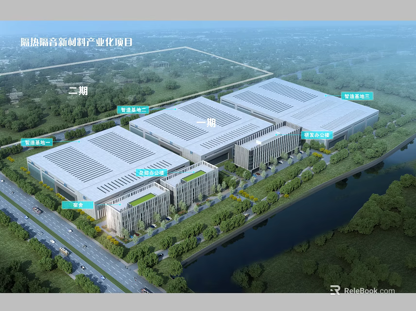 Industrial Factory Complex Phase II in Bonded Zone With Multiple Buildings Greenery Roads and River 3d model 