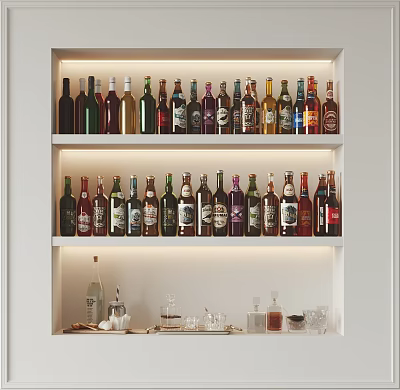 Neatly Arranged Wine Bottles and Glassware in Modern Wine Cabinet with Multiple Shelves and Decanter 3d model