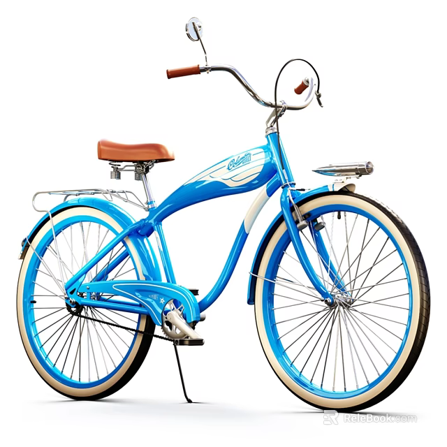 Blue Cruiser Bicycle With Brown Leather Seat And White Wall Tires 3d model 