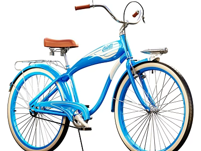 Blue Cruiser Bicycle With Brown Leather Seat And White Wall Tires 3d model